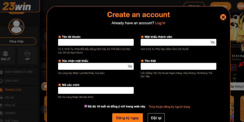 Tạo tài khoản 23Win để trải nghiệm sảnh game